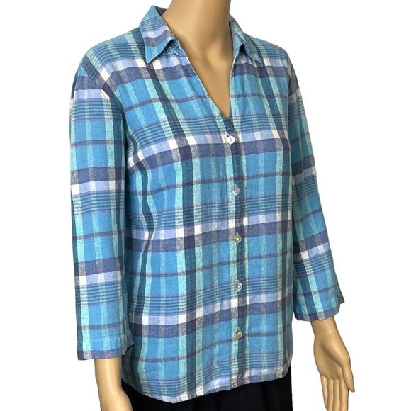 Jordan Womens XL Linen Blend Blue Plaid 3/4 Sleeve Button Up V-Neck Blouse Shirt - Picture 5 of 9